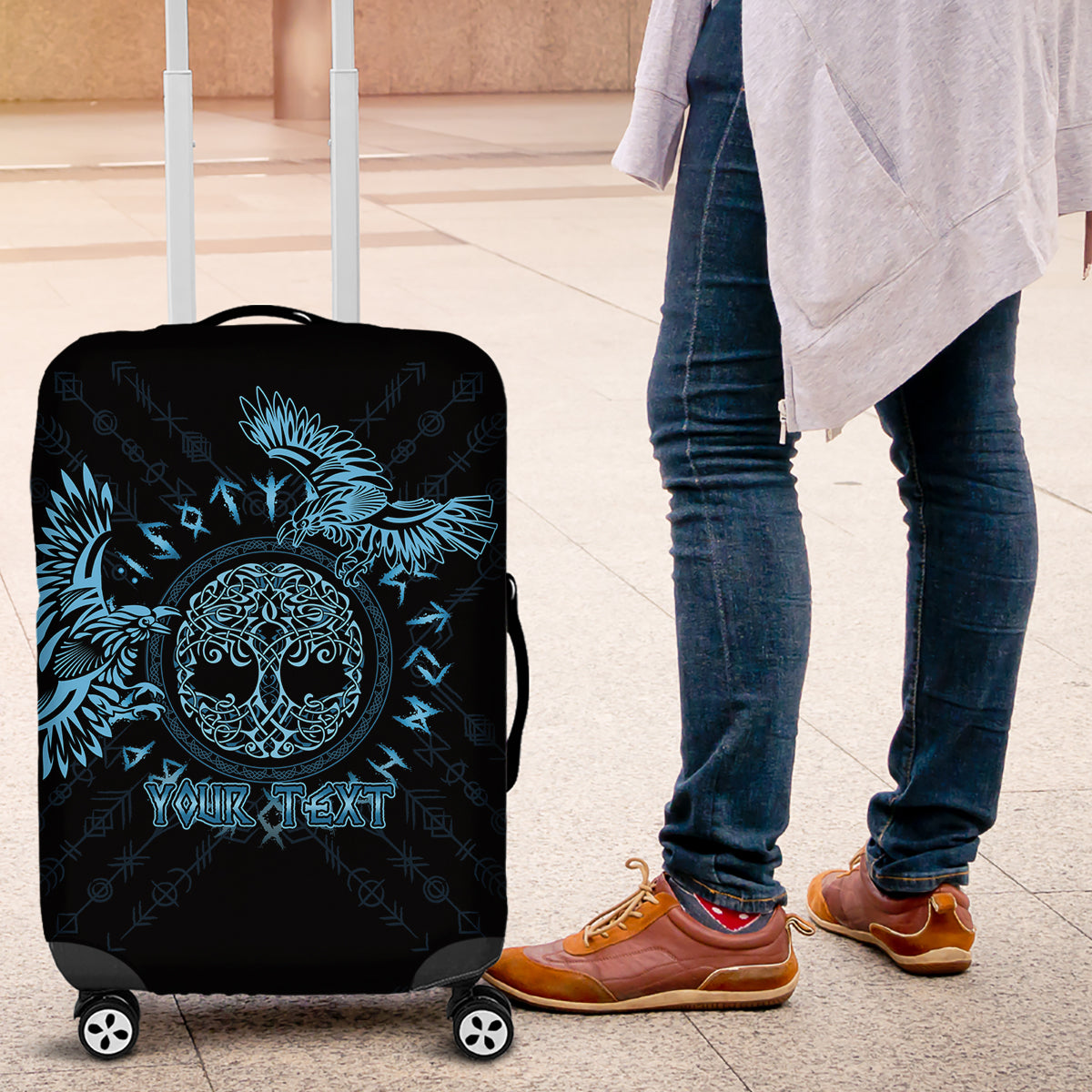 Personalized Odin's Celtic Raven Luggage Cover Blue Scandinavian Tattoo