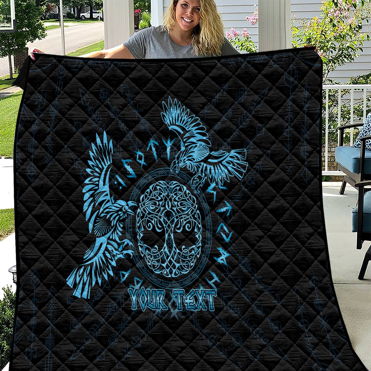 Personalized Odin's Celtic Raven Quilt Blue Scandinavian Tattoo - Wonder Print Shop