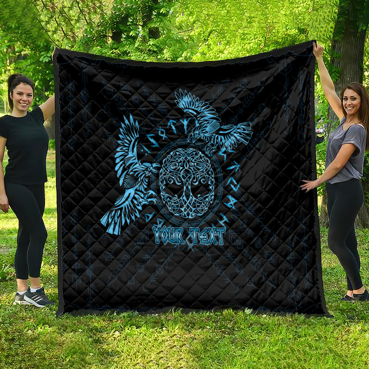 Personalized Odin's Celtic Raven Quilt Blue Scandinavian Tattoo - Wonder Print Shop