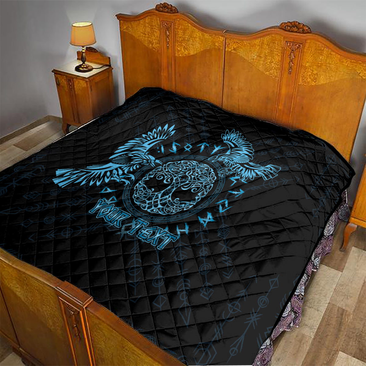 Personalized Odin's Celtic Raven Quilt Blue Scandinavian Tattoo - Wonder Print Shop