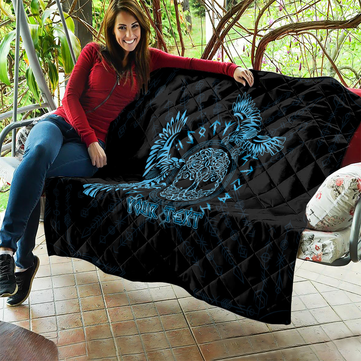 Personalized Odin's Celtic Raven Quilt Blue Scandinavian Tattoo - Wonder Print Shop