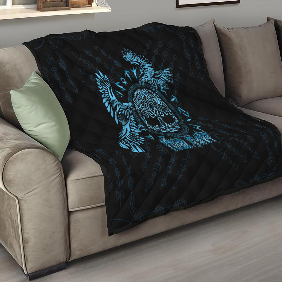 Personalized Odin's Celtic Raven Quilt Blue Scandinavian Tattoo - Wonder Print Shop