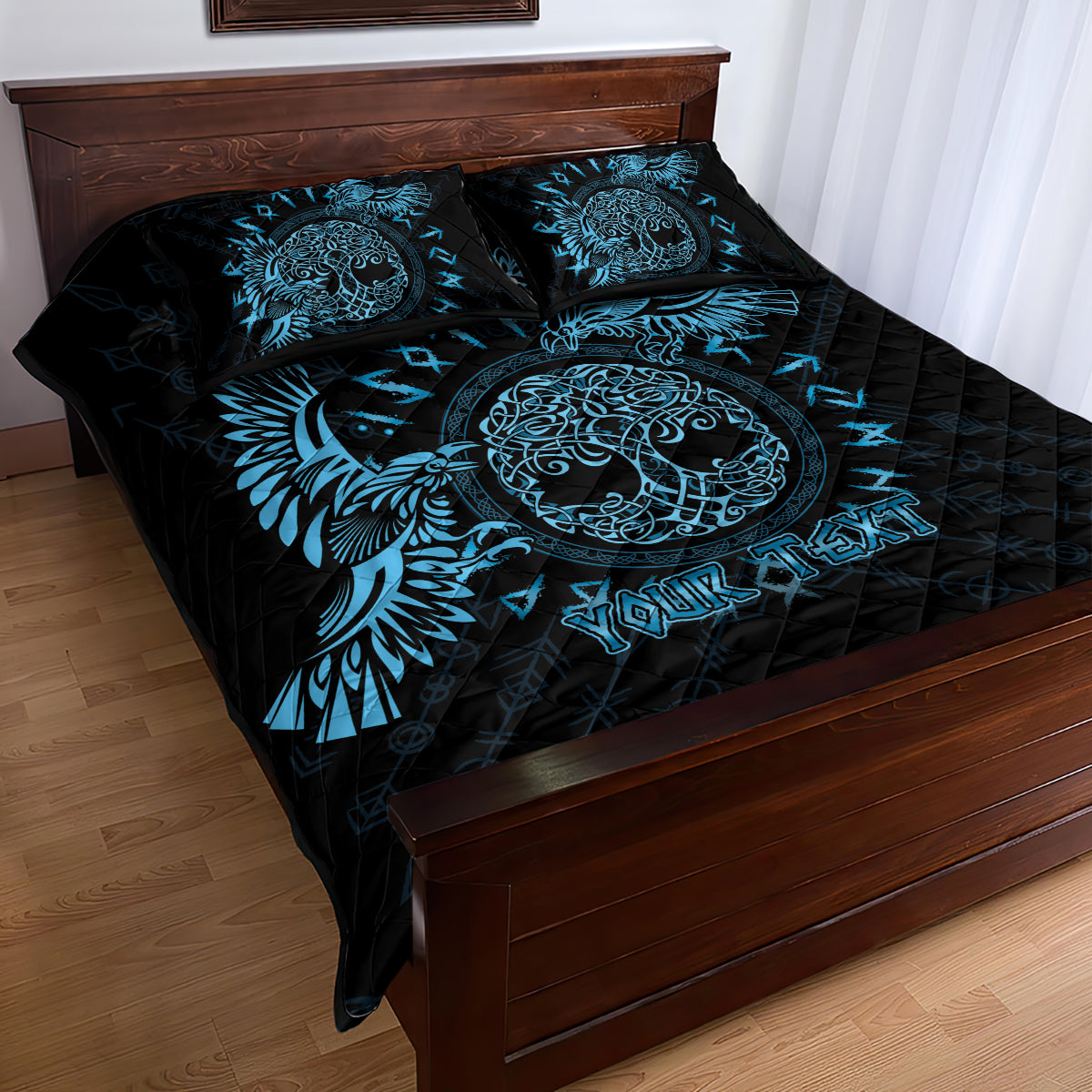 Personalized Odin's Celtic Raven Quilt Bed Set Blue Scandinavian Tattoo - Wonder Print Shop