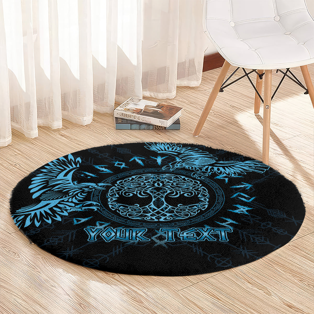 Personalized Odin's Celtic Raven Round Carpet Blue Scandinavian Tattoo