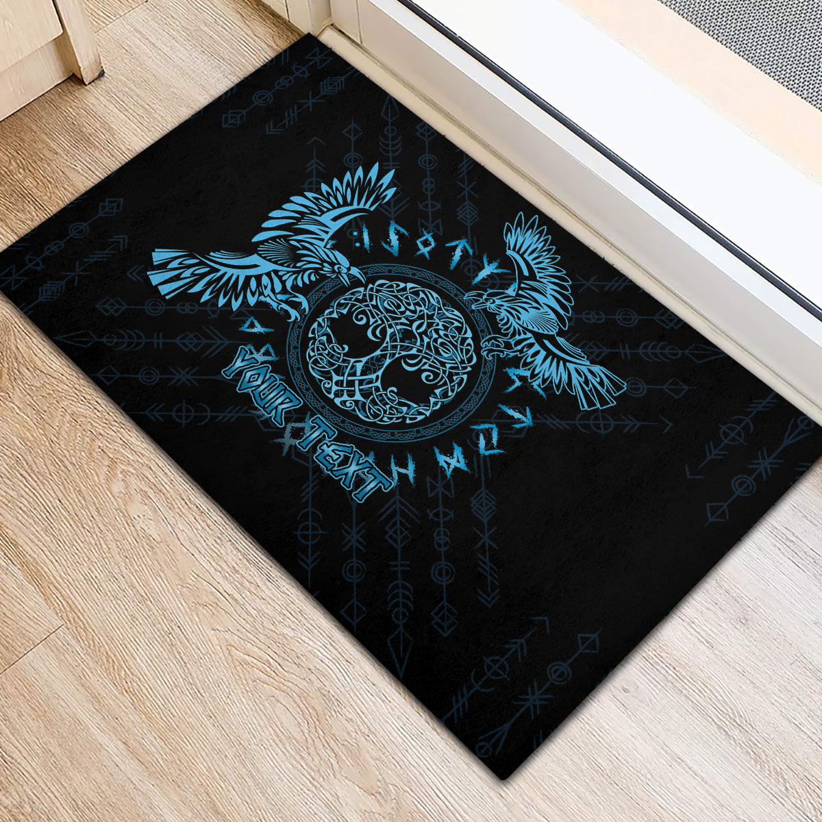 Personalized Odin's Celtic Raven Rubber Doormat Blue Scandinavian Tattoo - Wonder Print Shop