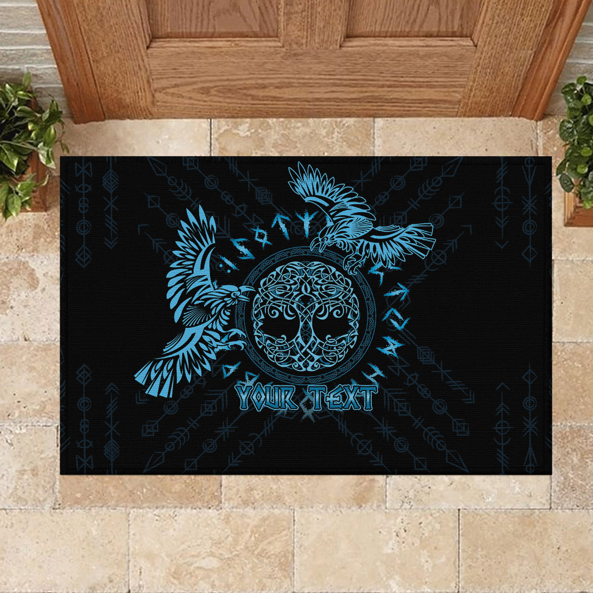 Personalized Odin's Celtic Raven Rubber Doormat Blue Scandinavian Tattoo - Wonder Print Shop