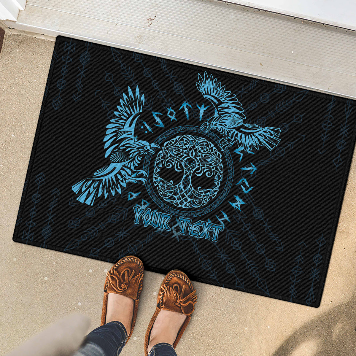 Personalized Odin's Celtic Raven Rubber Doormat Blue Scandinavian Tattoo - Wonder Print Shop