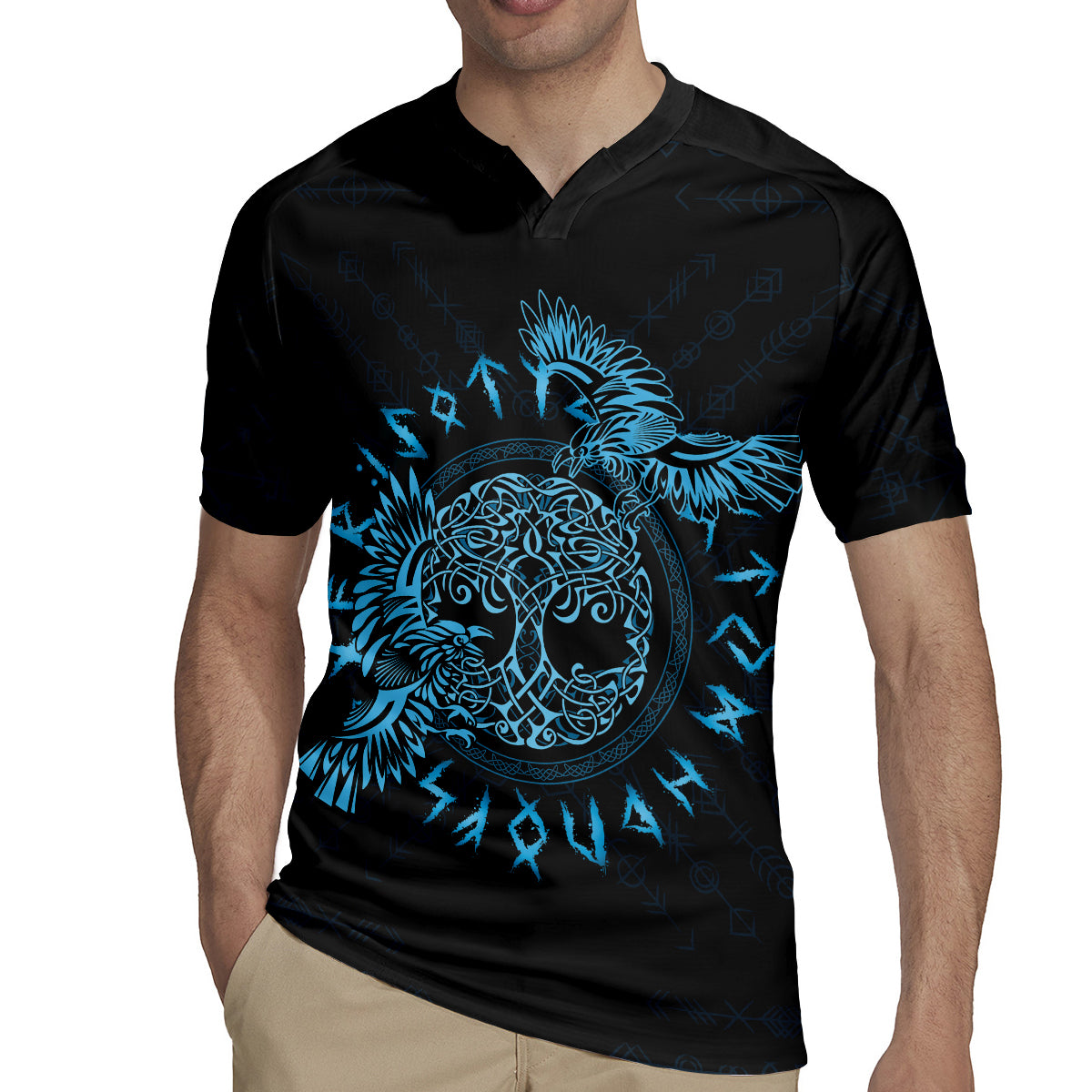 Personalized Odin's Celtic Raven Rugby Jersey Blue Scandinavian Tattoo - Wonder Print Shop