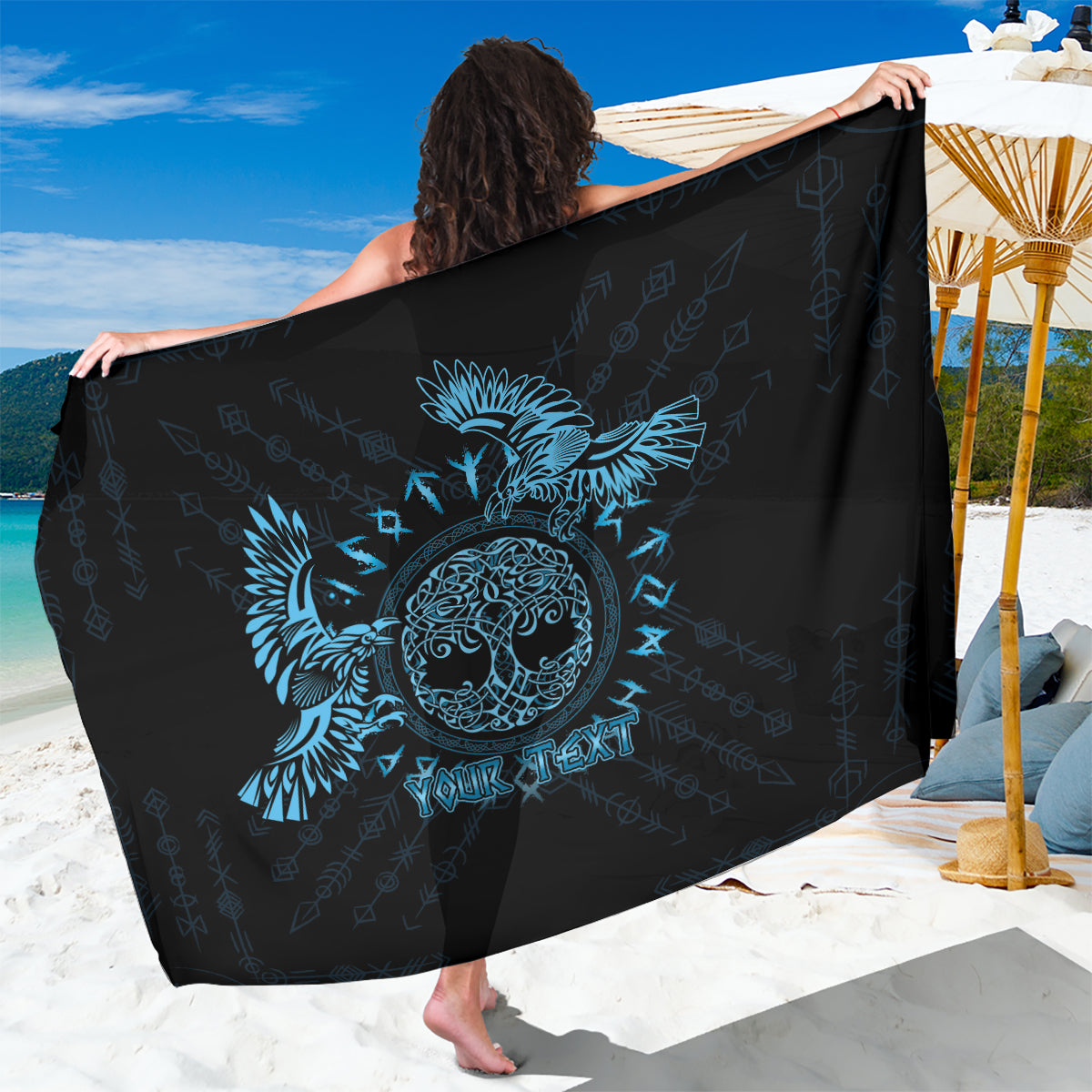Personalized Odin's Celtic Raven Sarong Blue Scandinavian Tattoo - Wonder Print Shop