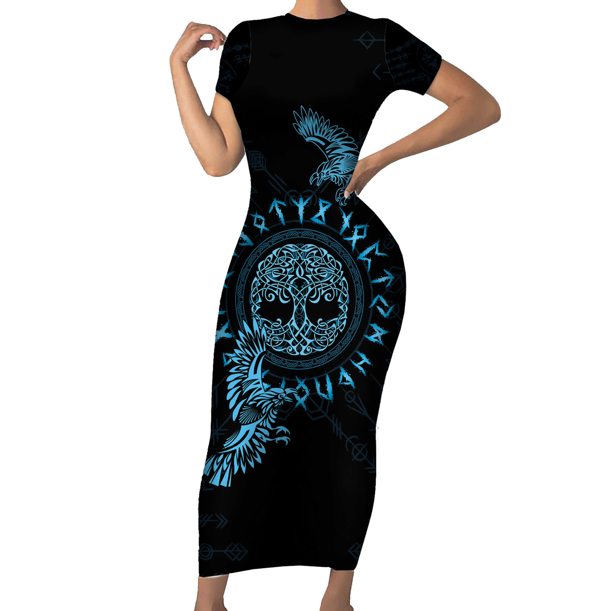 Personalized Odin's Celtic Raven Short Sleeve Bodycon Dress Blue Scandinavian Tattoo - Wonder Print Shop