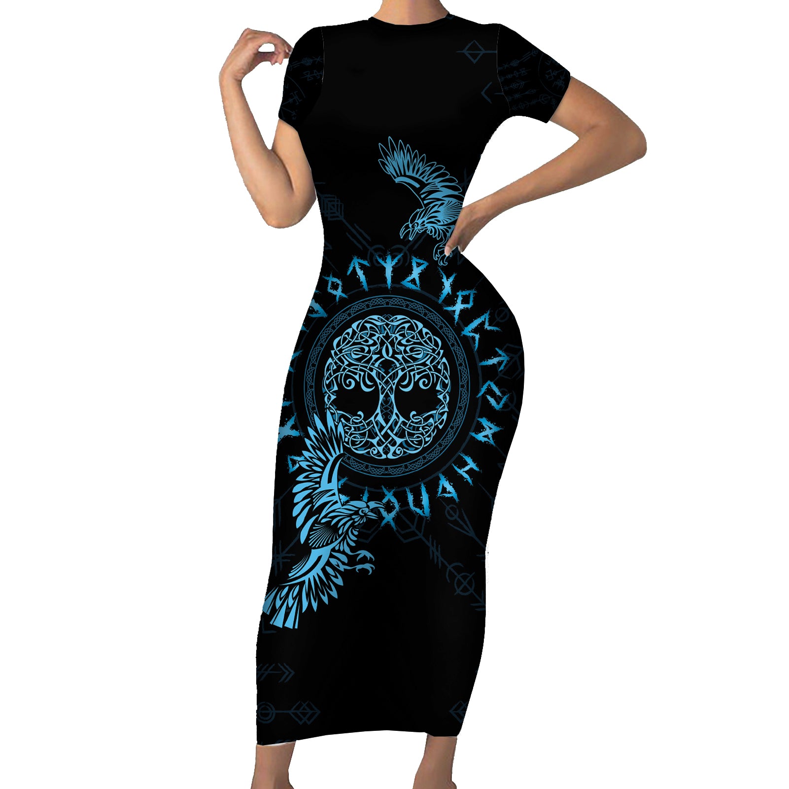 Personalized Odin's Celtic Raven Short Sleeve Bodycon Dress Blue Scandinavian Tattoo - Wonder Print Shop