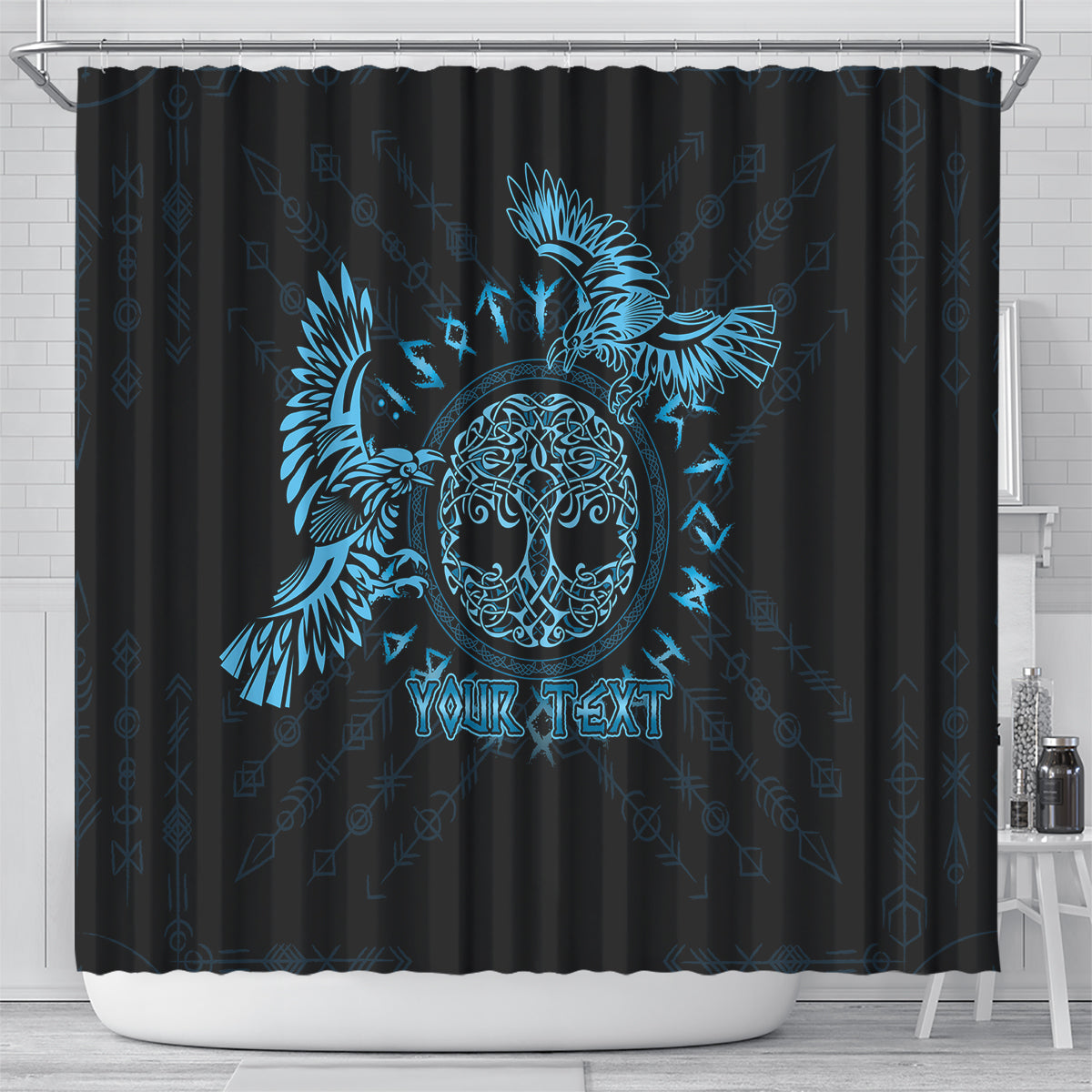 Personalized Odin's Celtic Raven Shower Curtain Blue Scandinavian Tattoo