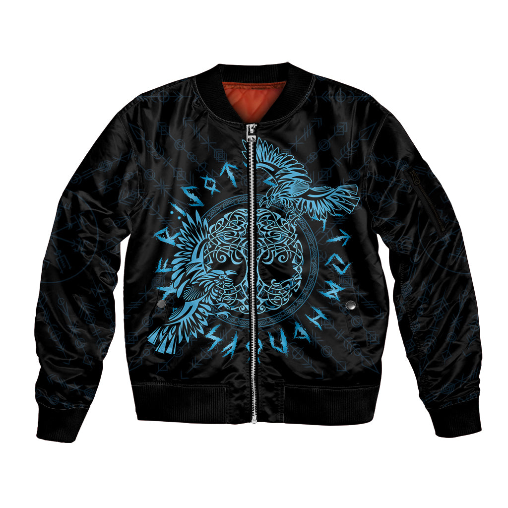 Personalized Odin's Celtic Raven Sleeve Zip Bomber Jacket Blue Scandinavian Tattoo - Wonder Print Shop