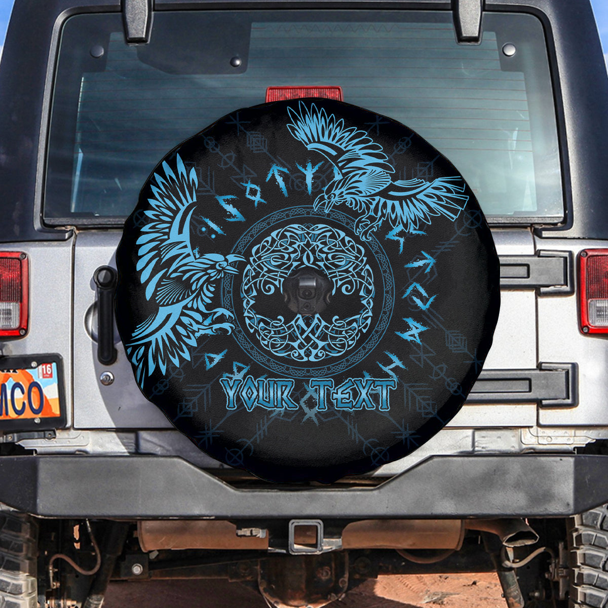 Personalized Odin's Celtic Raven Spare Tire Cover Blue Scandinavian Tattoo - Wonder Print Shop