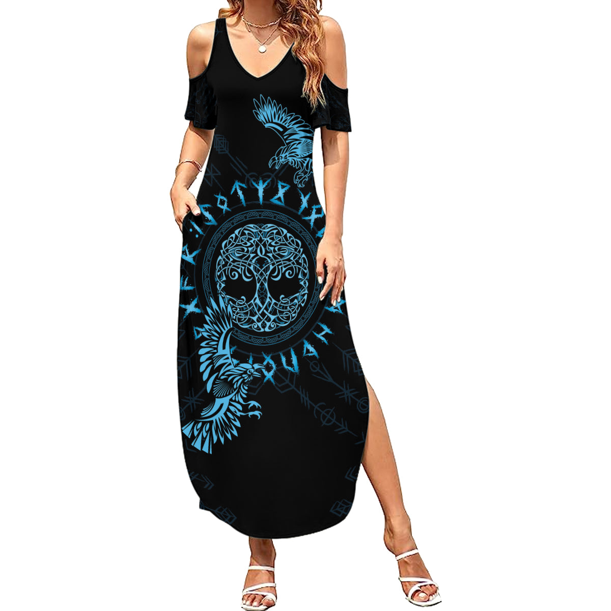 Personalized Odin's Celtic Raven Summer Maxi Dress Blue Scandinavian Tattoo - Wonder Print Shop
