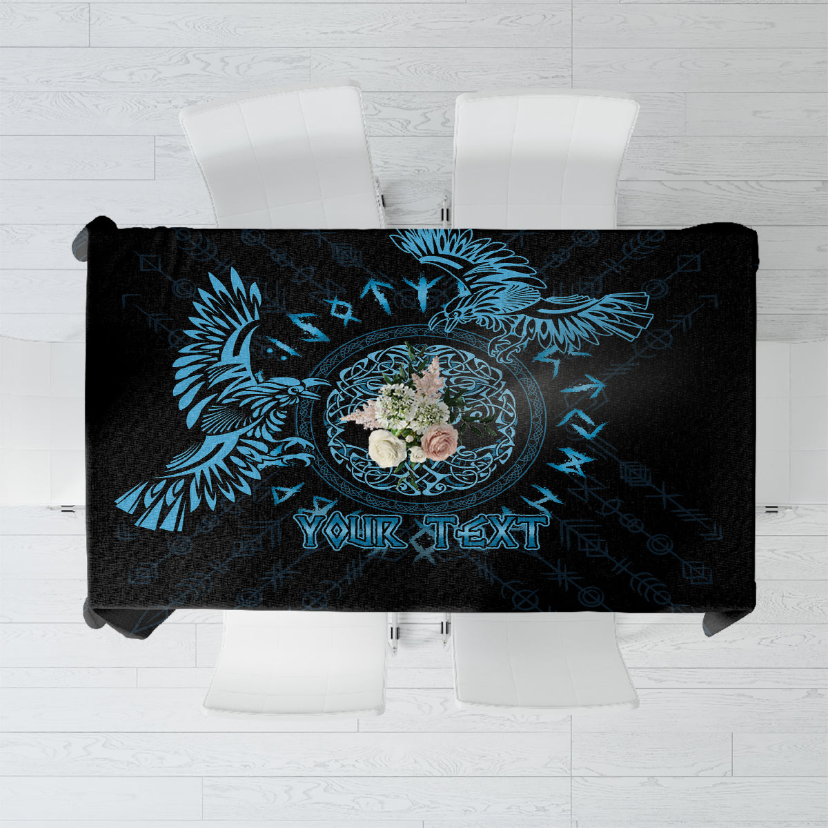 Personalized Odin's Celtic Raven Tablecloth Blue Scandinavian Tattoo - Wonder Print Shop