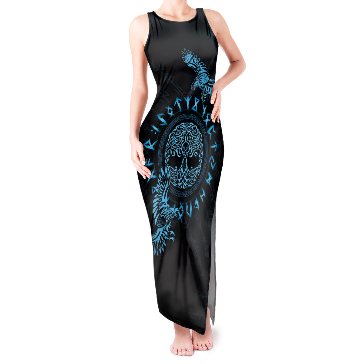 Personalized Odin's Celtic Raven Tank Maxi Dress Blue Scandinavian Tattoo - Wonder Print Shop