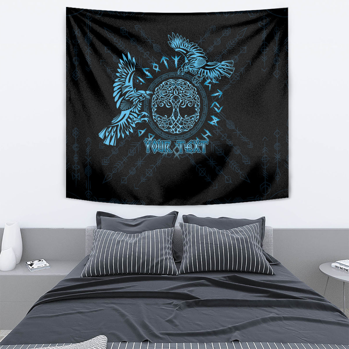 Personalized Odin's Celtic Raven Tapestry Blue Scandinavian Tattoo - Wonder Print Shop