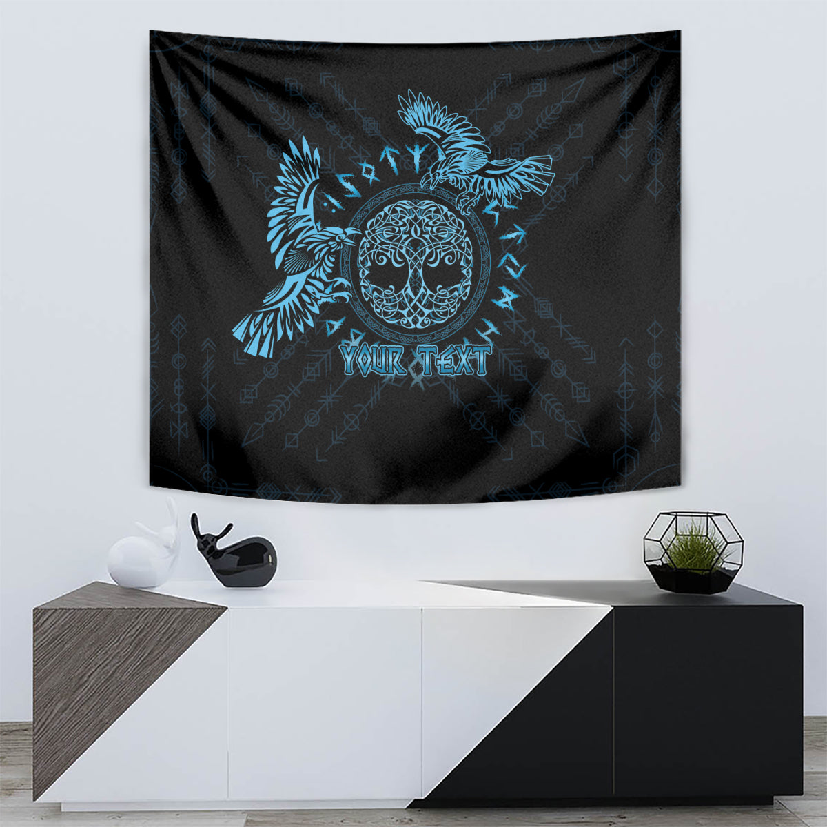 Personalized Odin's Celtic Raven Tapestry Blue Scandinavian Tattoo - Wonder Print Shop