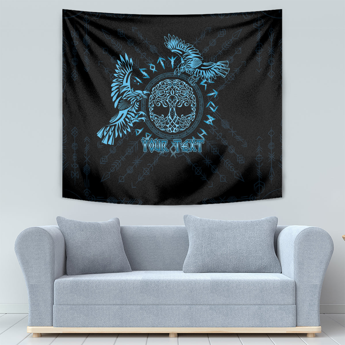Personalized Odin's Celtic Raven Tapestry Blue Scandinavian Tattoo - Wonder Print Shop