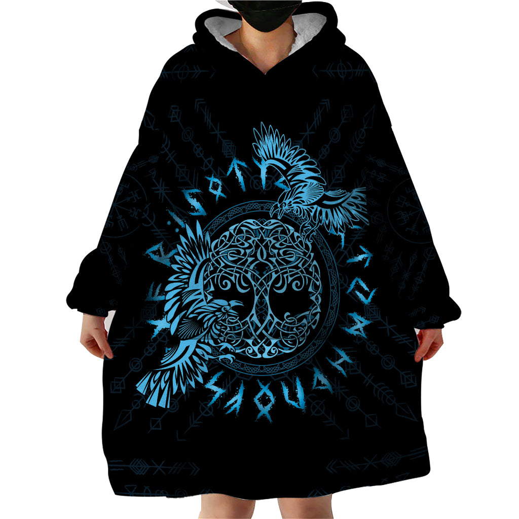 Personalized Odin's Celtic Raven Wearable Blanket Hoodie Blue Scandinavian Tattoo - Wonder Print Shop