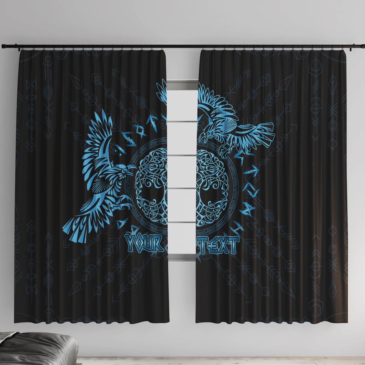 Personalized Odin's Celtic Raven Window Curtain Blue Scandinavian Tattoo - Wonder Print Shop