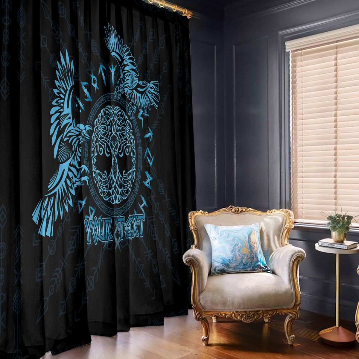 Personalized Odin's Celtic Raven Window Curtain Blue Scandinavian Tattoo - Wonder Print Shop