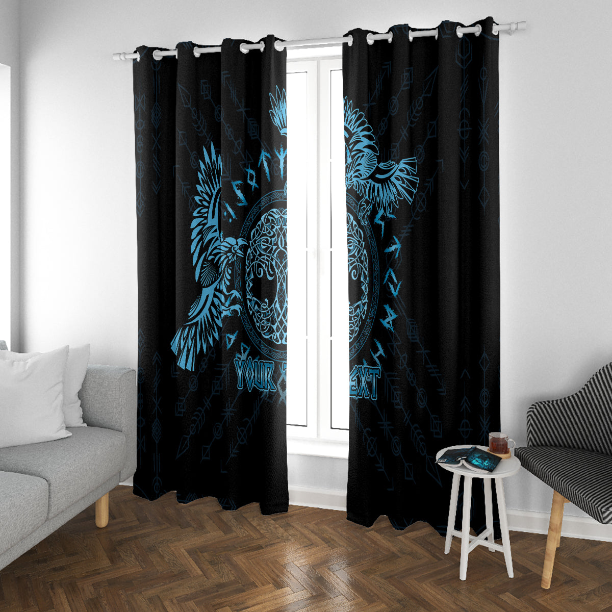 Personalized Odin's Celtic Raven Window Curtain Blue Scandinavian Tattoo - Wonder Print Shop