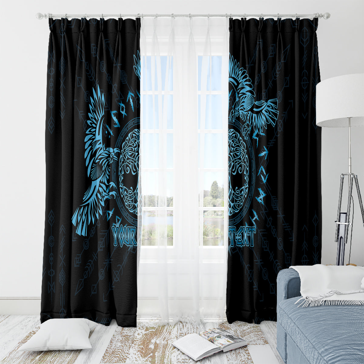 Personalized Odin's Celtic Raven Window Curtain Blue Scandinavian Tattoo - Wonder Print Shop