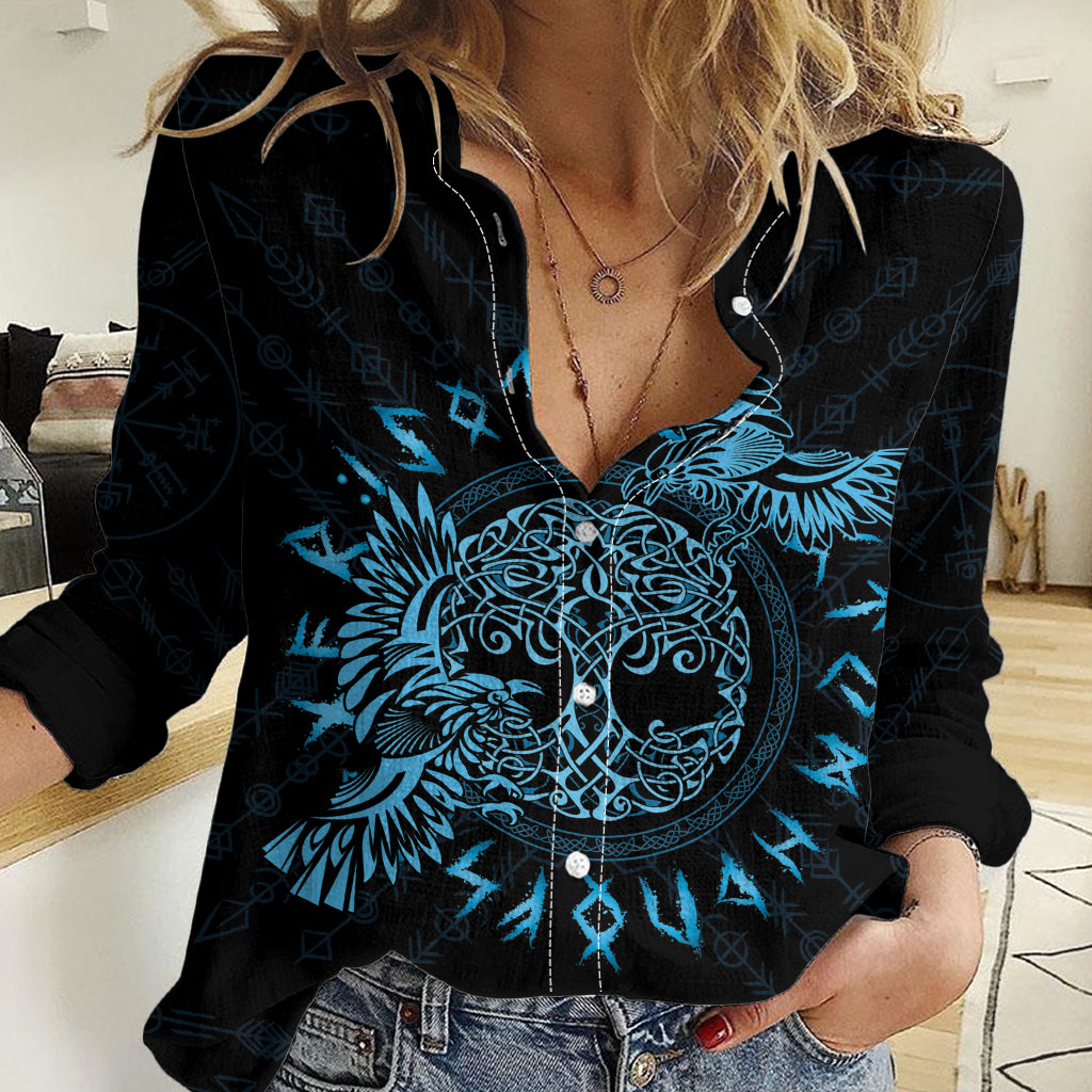 Personalized Odin's Celtic Raven Women Casual Shirt Blue Scandinavian Tattoo - Wonder Print Shop