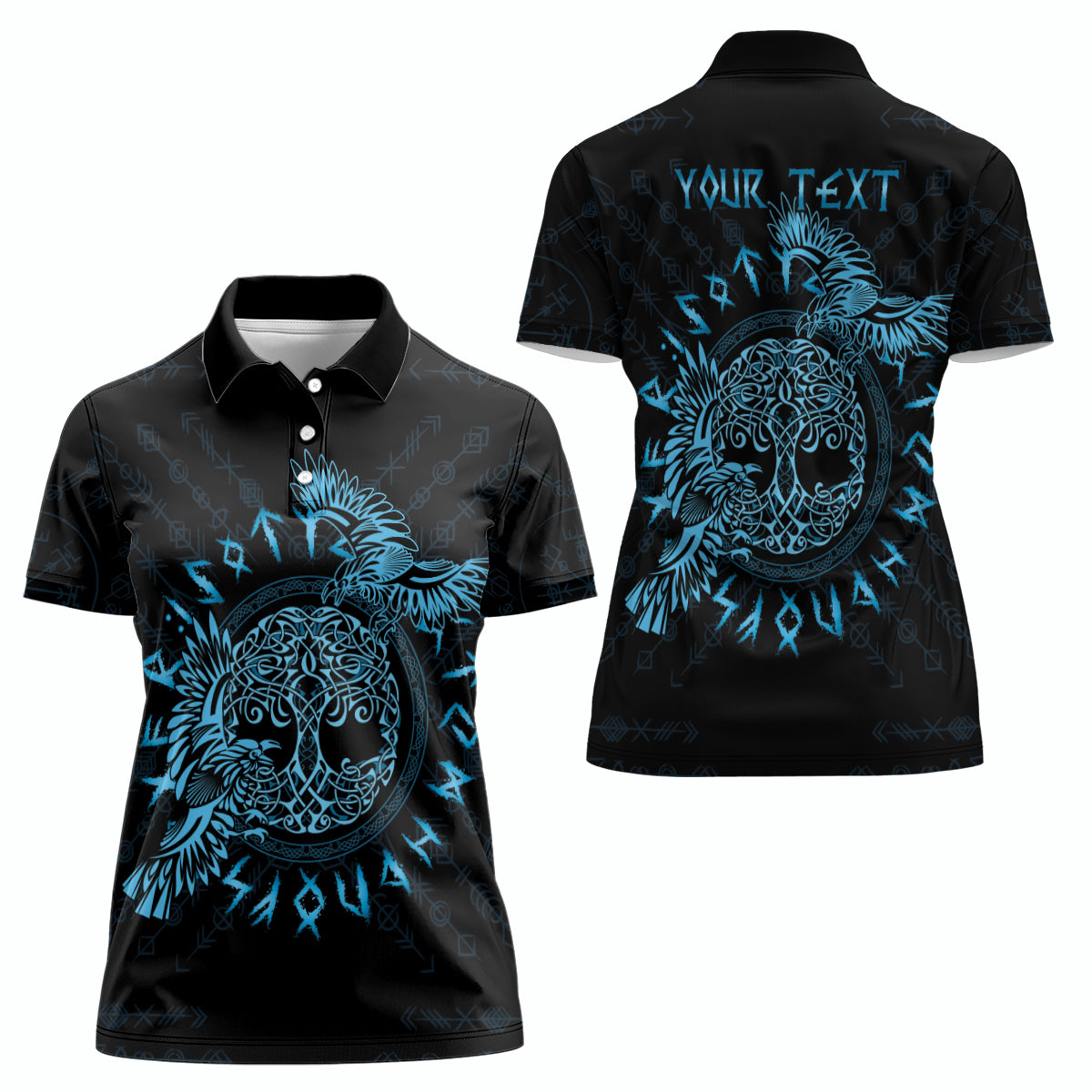 Personalized Odin's Celtic Raven Women Polo Shirt Blue Scandinavian Tattoo - Wonder Print Shop