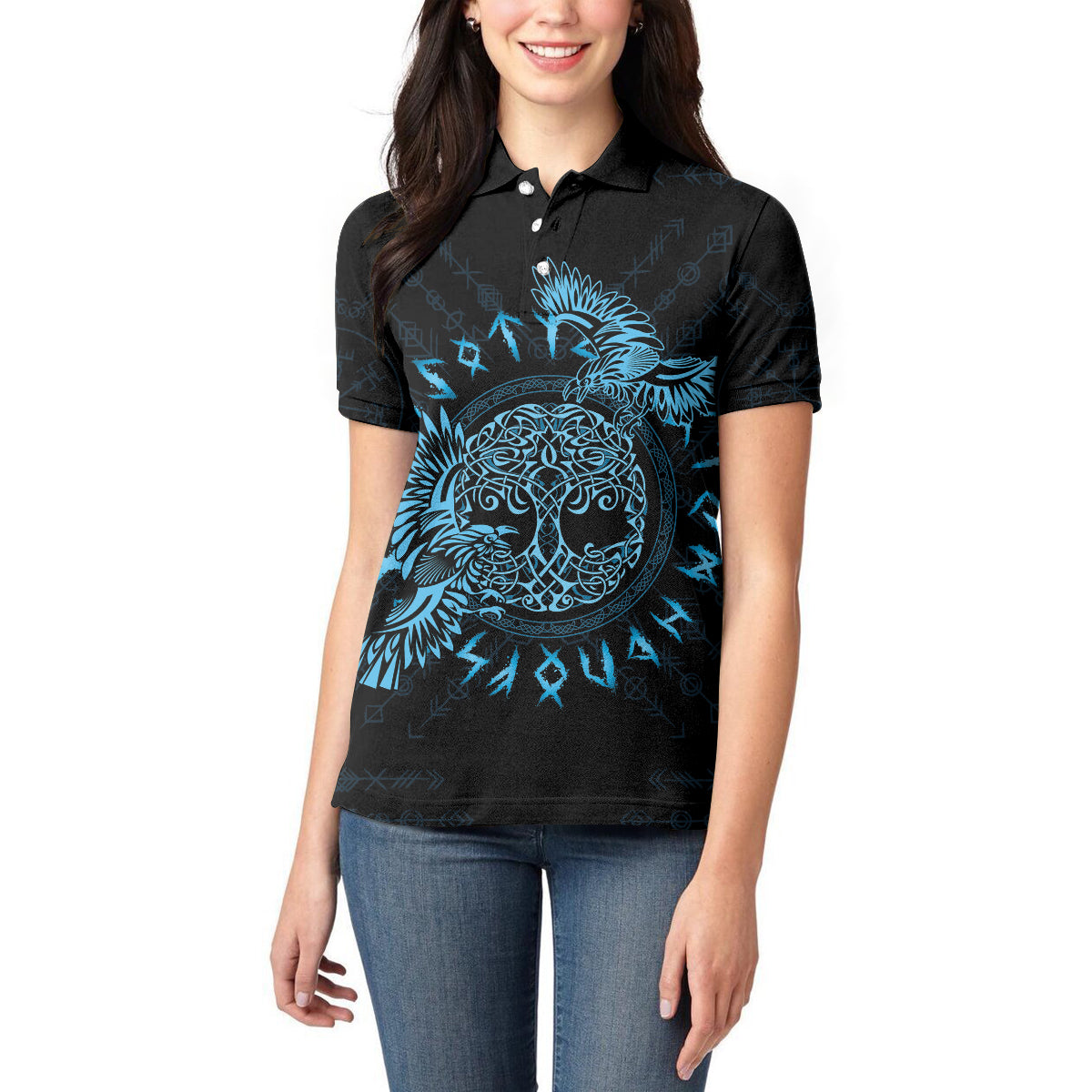 Personalized Odin's Celtic Raven Women Polo Shirt Blue Scandinavian Tattoo - Wonder Print Shop