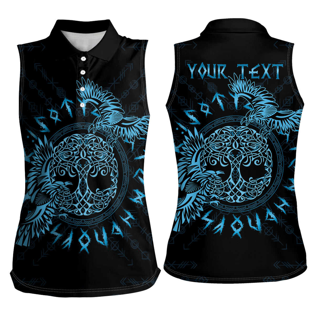 Personalized Odin's Celtic Raven Women Sleeveless Polo Shirt Blue Scandinavian Tattoo - Wonder Print Shop