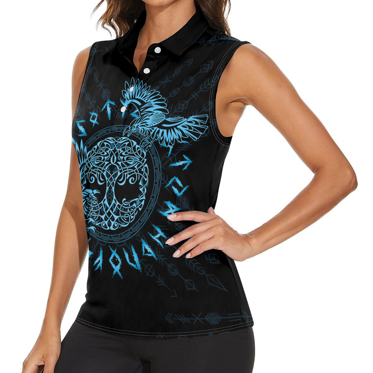 Personalized Odin's Celtic Raven Women Sleeveless Polo Shirt Blue Scandinavian Tattoo - Wonder Print Shop