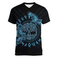 Personalized Odin's Celtic Raven Women V-Neck T-Shirt Blue Scandinavian Tattoo - Wonder Print Shop