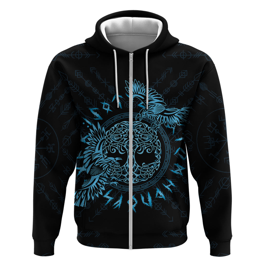 Personalized Odin's Celtic Raven Zip Hoodie Blue Scandinavian Tattoo - Wonder Print Shop