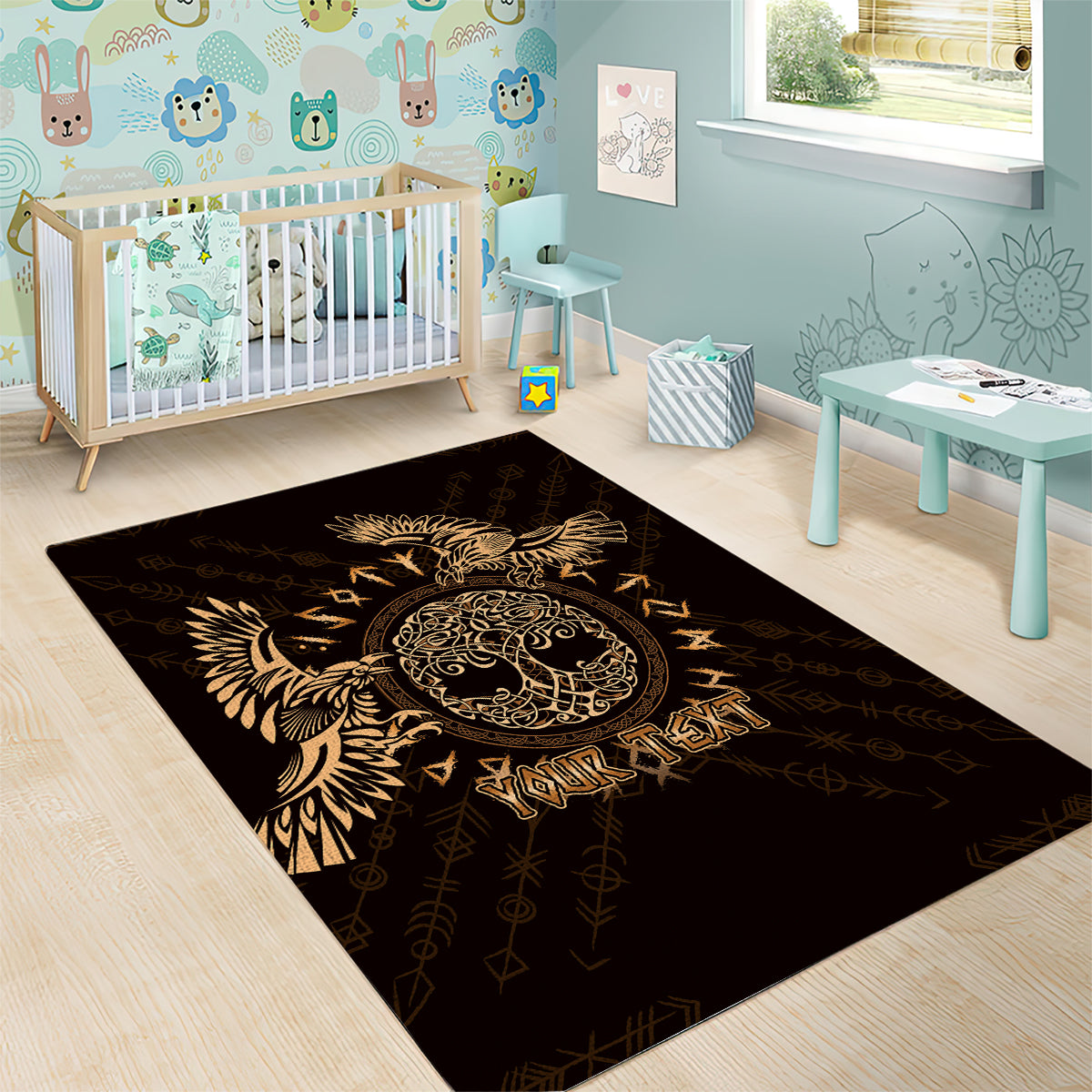 Personalized Odin's Celtic Raven Area Rug Gold Scandinavian Tattoo LT9 - Wonder Print Shop