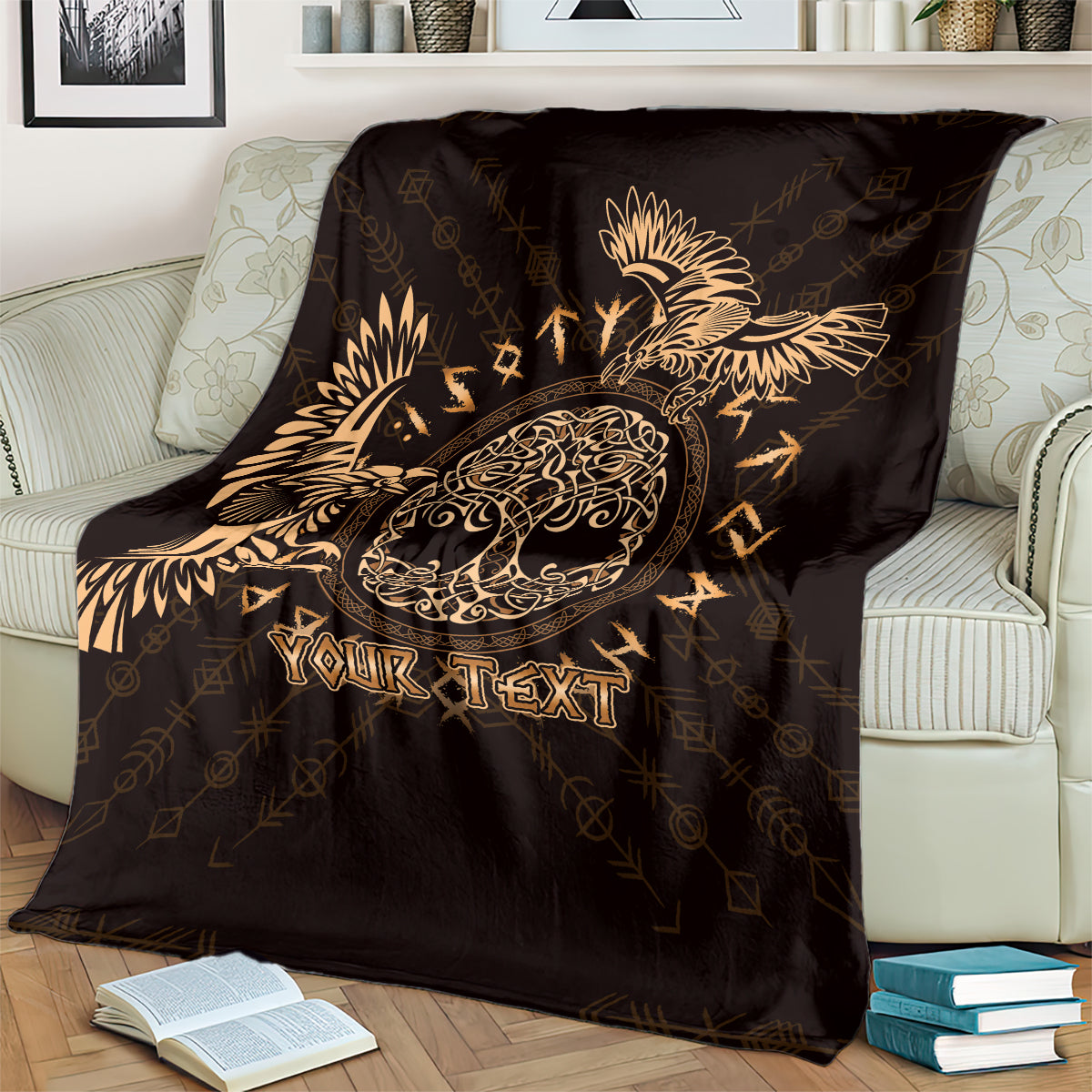 Personalized Odin's Celtic Raven Blanket Gold Scandinavian Tattoo
