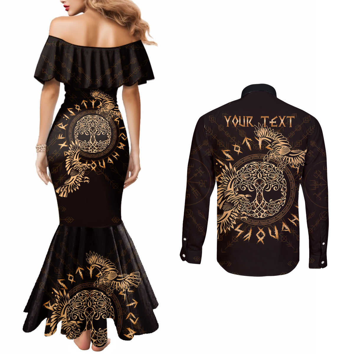 Personalized Odin's Celtic Raven Couples Matching Mermaid Dress and Long Sleeve Button Shirt Gold Scandinavian Tattoo