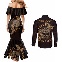Personalized Odin's Celtic Raven Couples Matching Mermaid Dress and Long Sleeve Button Shirt Gold Scandinavian Tattoo