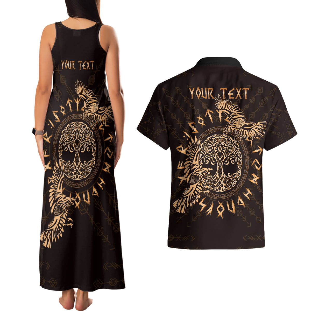 Personalized Odin's Celtic Raven Couples Matching Tank Maxi Dress and Hawaiian Shirt Gold Scandinavian Tattoo LT9 - Wonder Print Shop