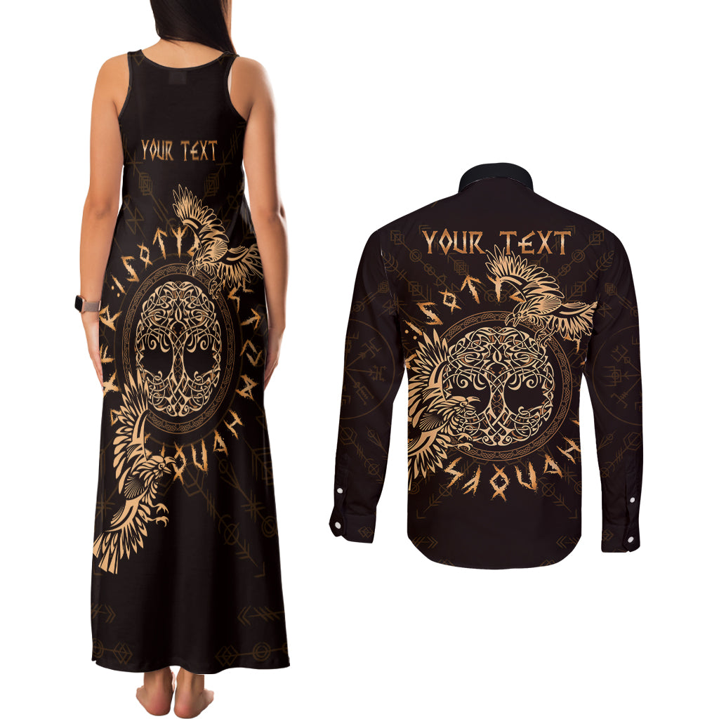 Personalized Odin's Celtic Raven Couples Matching Tank Maxi Dress and Long Sleeve Button Shirt Gold Scandinavian Tattoo LT9 - Wonder Print Shop