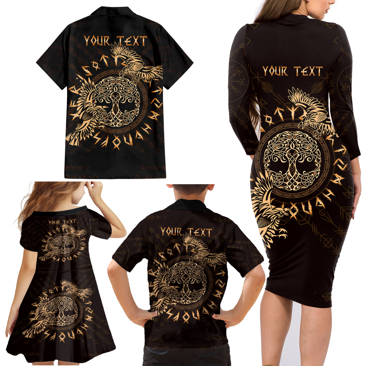 Personalized Odin's Celtic Raven Family Matching Long Sleeve Bodycon Dress and Hawaiian Shirt Gold Scandinavian Tattoo LT9 - Wonder Print Shop