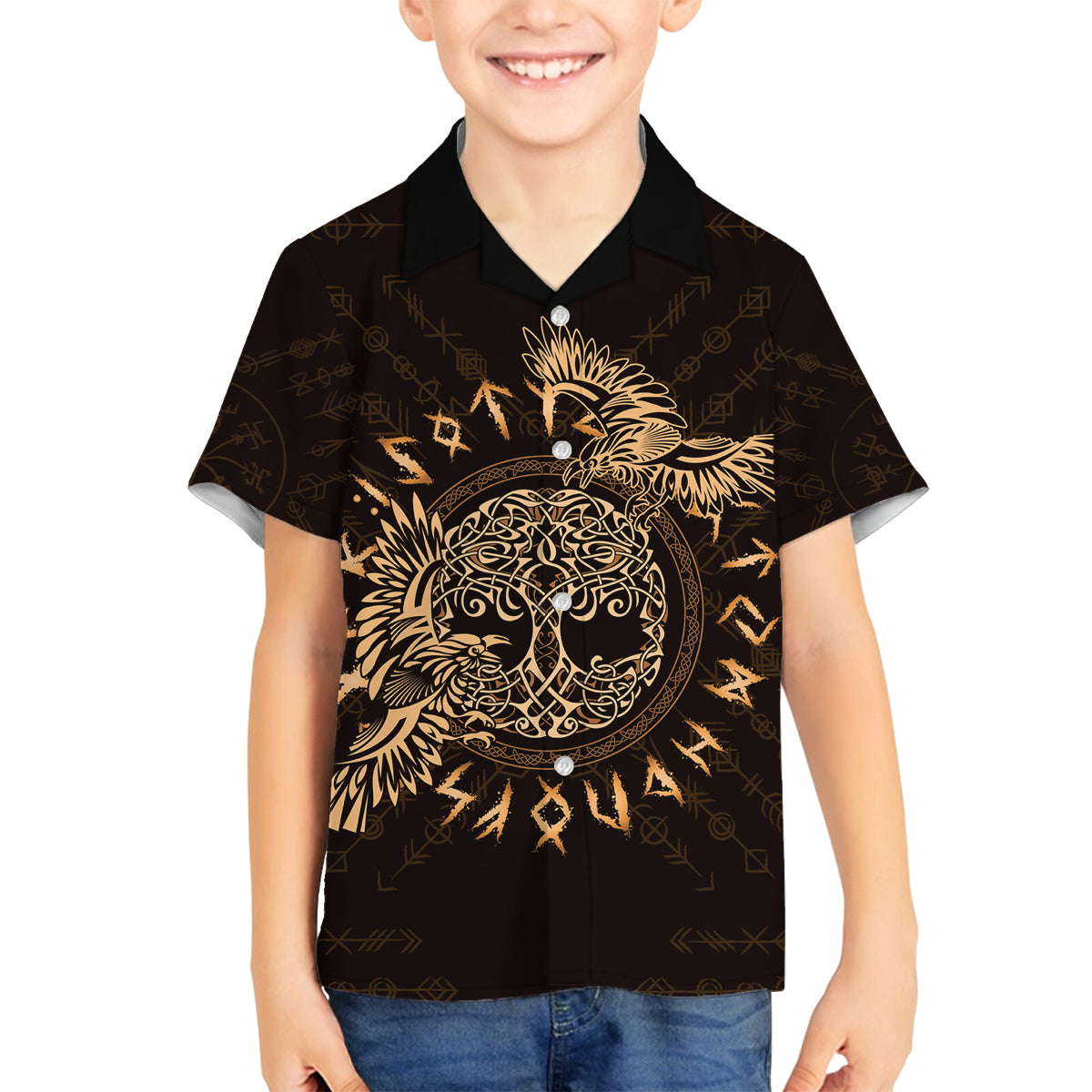 Personalized Odin's Celtic Raven Family Matching Off The Shoulder Long Sleeve Dress and Hawaiian Shirt Gold Scandinavian Tattoo - Wonder Print Shop