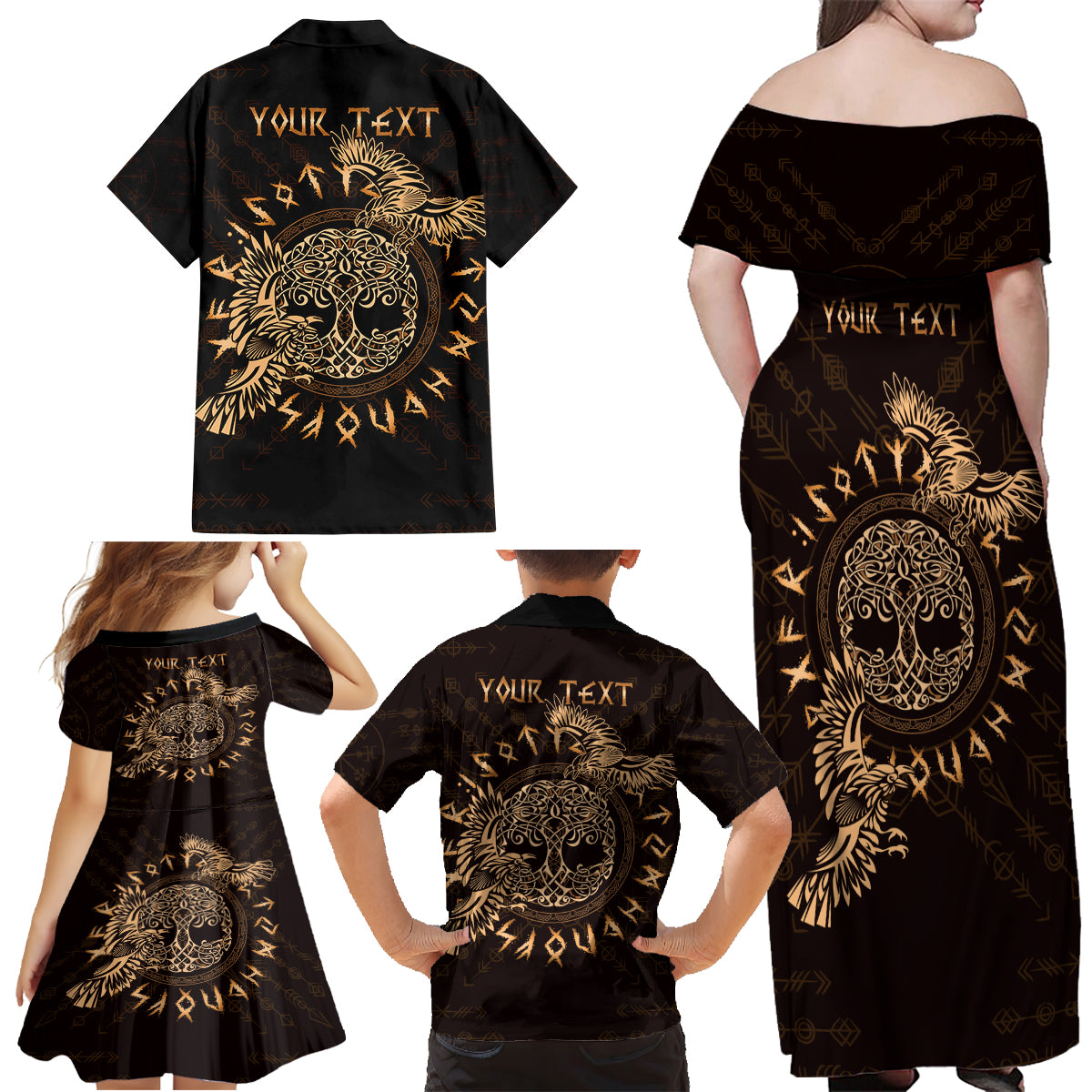 Personalized Odin's Celtic Raven Family Matching Off Shoulder Maxi Dress and Hawaiian Shirt Gold Scandinavian Tattoo LT9 - Wonder Print Shop