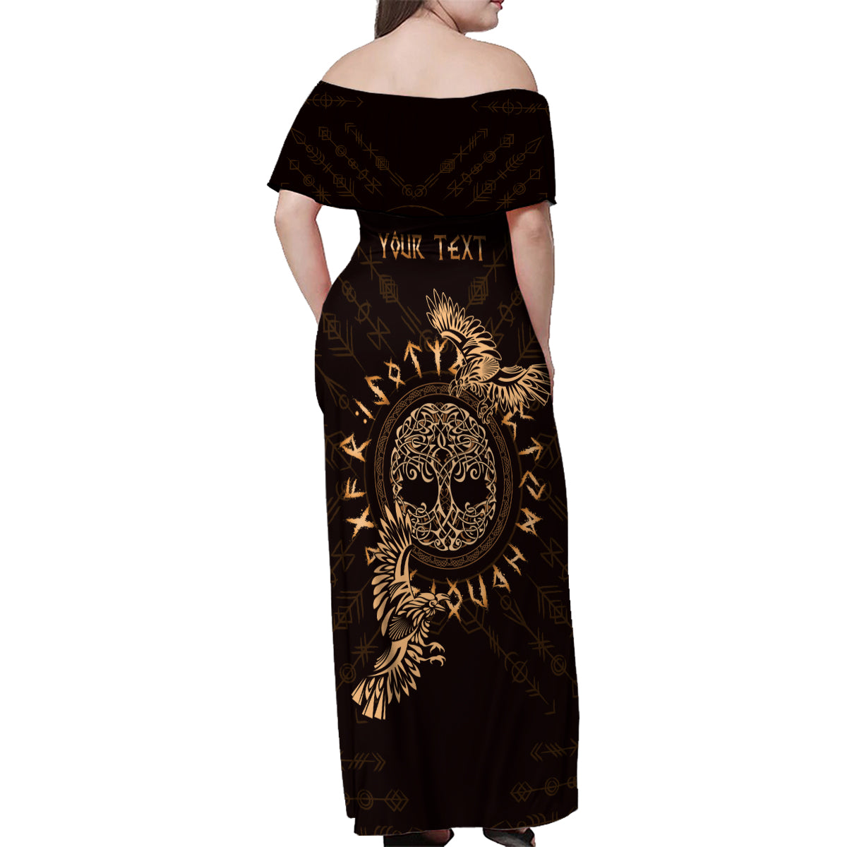 Personalized Odin's Celtic Raven Family Matching Off Shoulder Maxi Dress and Hawaiian Shirt Gold Scandinavian Tattoo LT9 - Wonder Print Shop
