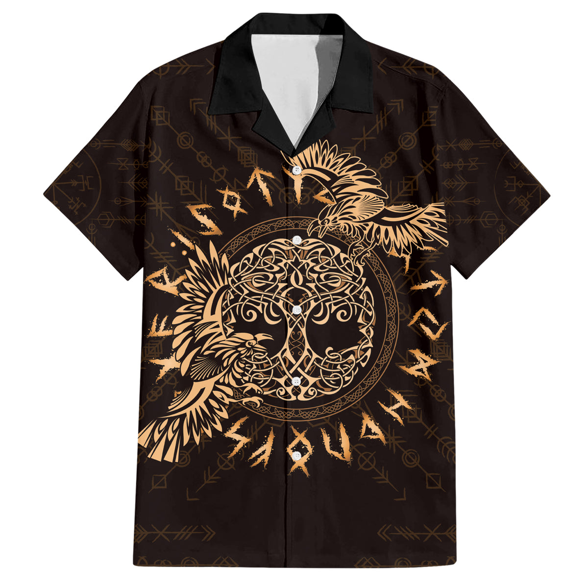 Personalized Odin's Celtic Raven Family Matching Short Sleeve Bodycon Dress and Hawaiian Shirt Gold Scandinavian Tattoo - Wonder Print Shop
