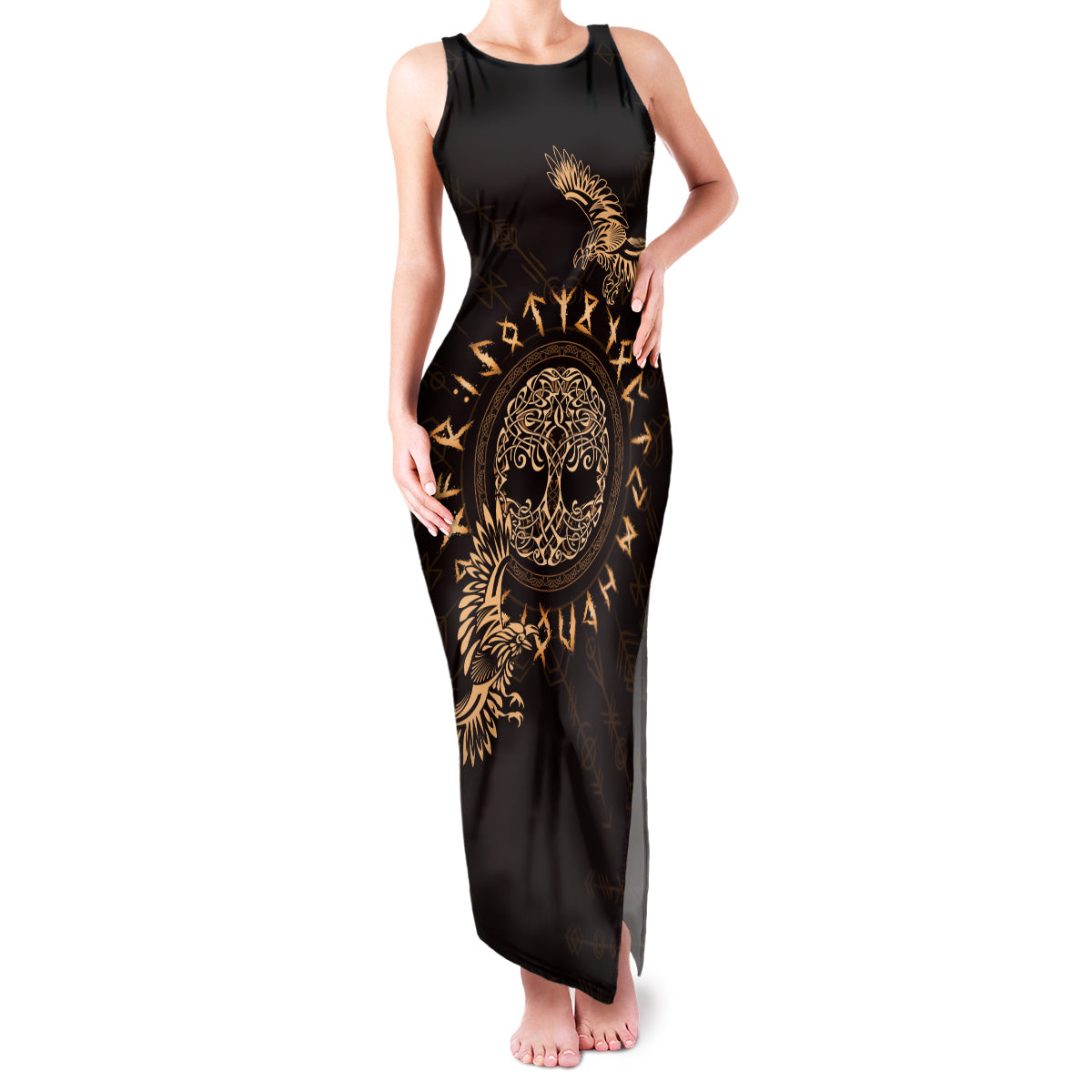 Personalized Odin's Celtic Raven Family Matching Tank Maxi Dress and Hawaiian Shirt Gold Scandinavian Tattoo - Wonder Print Shop