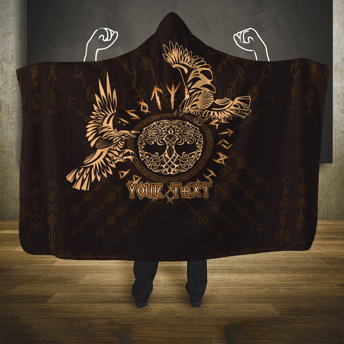 Personalized Odin's Celtic Raven Hooded Blanket Gold Scandinavian Tattoo