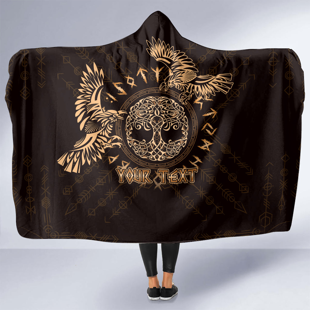 Personalized Odin's Celtic Raven Hooded Blanket Gold Scandinavian Tattoo